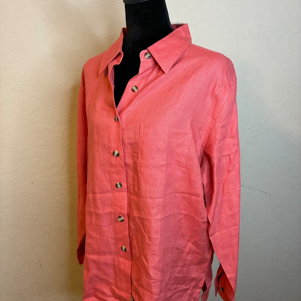 Real Comfort Women PM Coral Pink 100% Linen Button Up Long Sleeve Shirt Top NWT